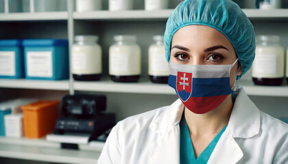 Slovakia doctor wearing medical mask. Slovakia flag print on woman doctor's mask smiling in confidence giving hope