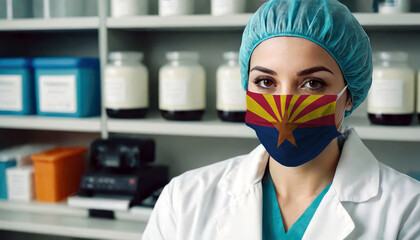 Arizona doctor wearing medical mask. Arizona flag print on woman doctor's mask smiling in confidence giving hope
