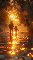Father and Child  fishing at Sunset by the Water