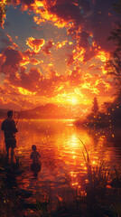 Father and Child  fishing at Sunset by the Water