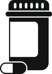 Medical prescription pill bottle icon with black and white minimalist design and simple packaging for medication, healthcare, pharmacy, and pharmaceutical industry