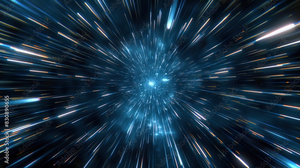 Poster abstract light speed effect with blue streaks radiating from a central point on a dark background