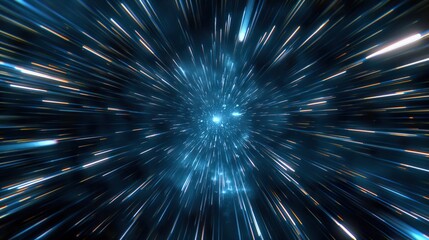 Obraz premium Abstract light speed effect with blue streaks radiating from a central point on a dark background