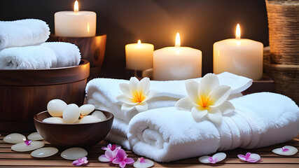 Spa background towel bathroom white luxury concept massage candle bath. Bathroom white wellness spa background towel relax aromatherapy flower accessory zen therapy aroma beauty, Generative AI