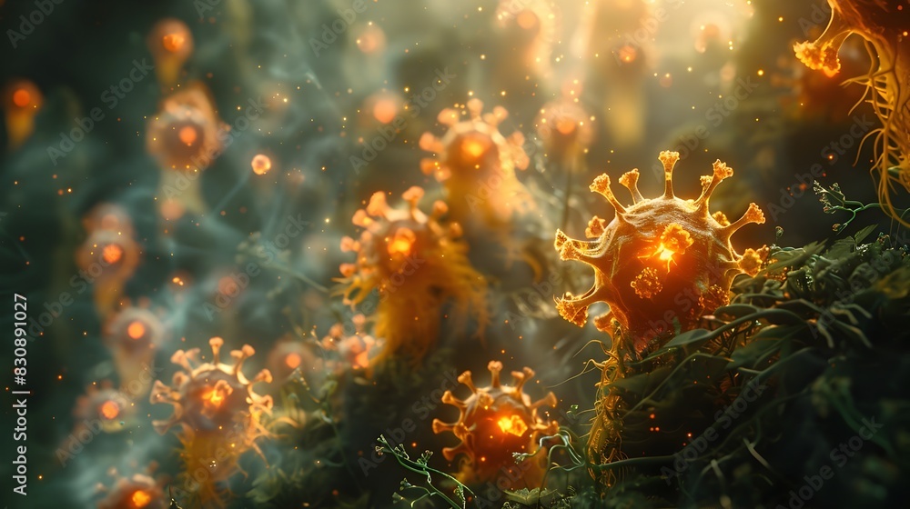 Aufkleber glowing microscopic coronavirus molecule in surreal digital rendering