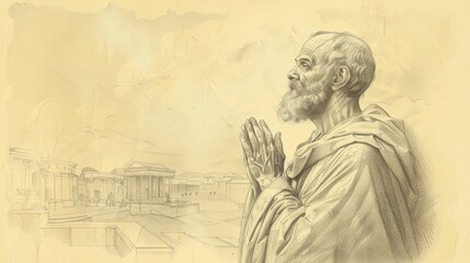 Fototapeta premium Prayer of St. Simon the Apostle in 1st-Century Church, Biblical Illustration, Beige Background, Copyspace