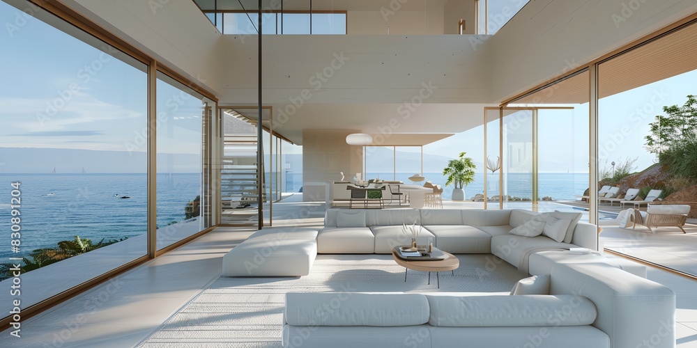 Aufkleber living room with a large white couch and a table with a vase on it and a view of the ocean