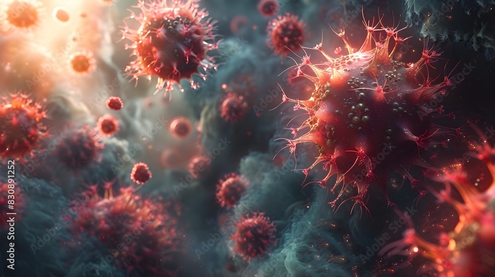 Poster glowing red viral structures in dynamic abstract microscopic biotechnology background