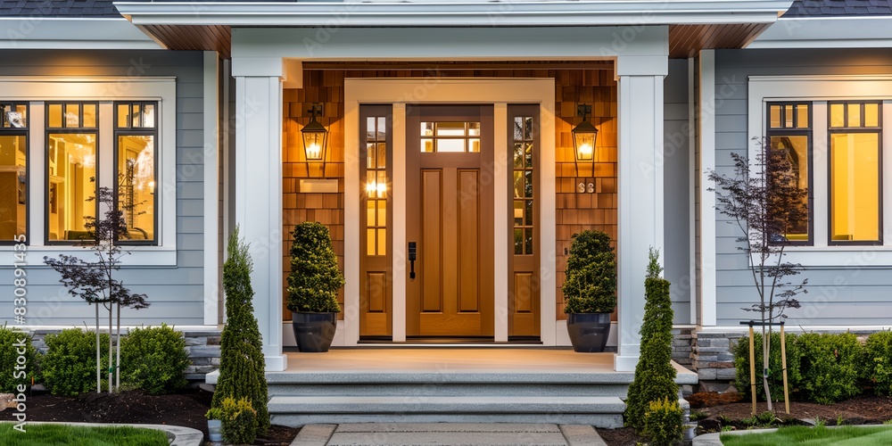 Aufkleber house with a front door and two windows and a light on the side of the house and a planter with flow