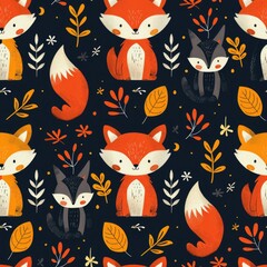 Charming Cartoon Foxes Pattern with Autumn Leaves on Dark Background