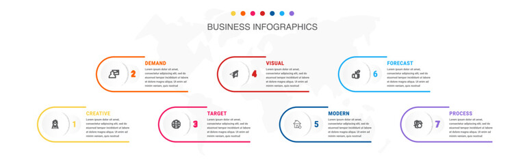Vector timeline infographics template with 7 circles and options. Blank space for web, infographic, diagram, business, digital network, flowchart, presentations