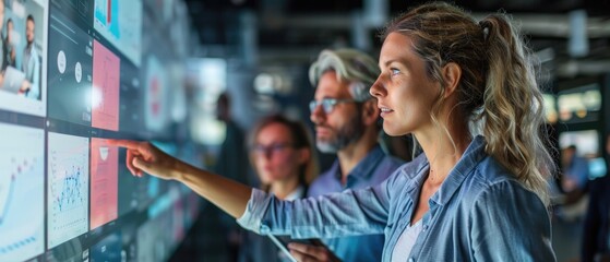 Creative team using a massive touchscreen display for collaborative digital design, vibrant UI elements and dynamic interaction