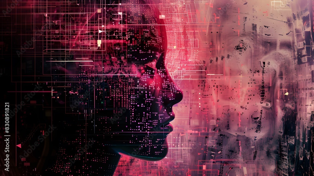 Poster a glitch-ridden artificial intelligence program spiraling out of control, causing havoc in a once or