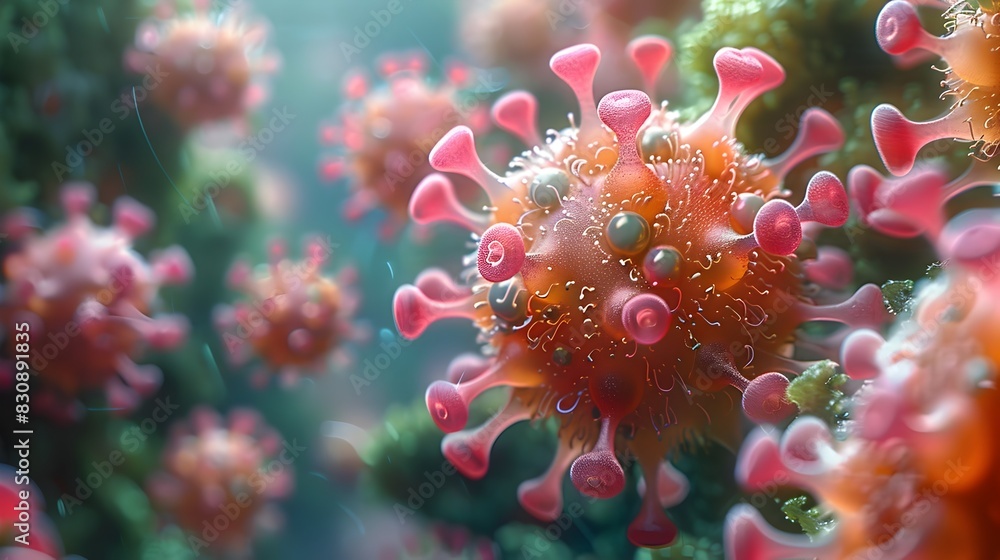 Poster intricate and colorful 3d rendering of microscopic viral structure