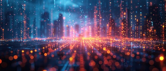 Digital financial ecosystem visualized as a bustling, neon-lit metropolis, with data streams representing various fintech services