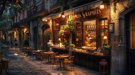 Digitally rendered Spanish tapas bar scene at twilight, showcasing a selection of tapas, sangria, and the lively ambiance of a bustling street in Barcelona
