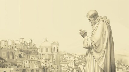 Fototapeta premium Prayer of St. Valentine in 3rd-Century Roman Village, Biblical Illustration, Beige Background, Copyspace