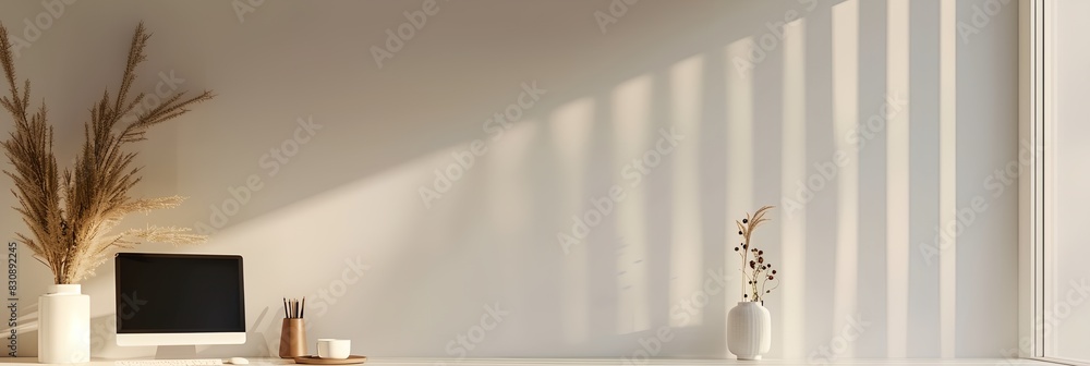 Poster white shelf with a vase and a computer monitor
