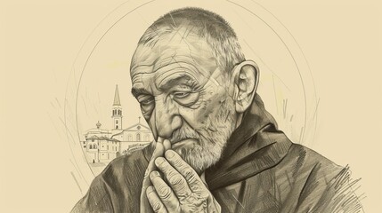 Fototapeta premium Showing Stigmata, St. Padre Pio in San Giovanni Rotondo, Biblical Illustration, Beige Background, Copyspace