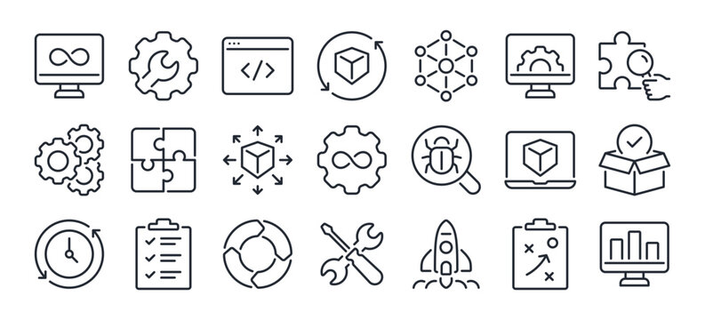 DevOps development and operations concept editable stroke outline icons set isolated on white background flat vector illustration. Pixel perfect. 64 x 64