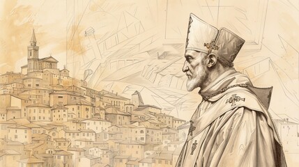 Fototapeta premium Bishop's Robes of St. Zeno of Verona at 4th-Century Italian City, Biblical Illustration, Beige Background, Copyspace