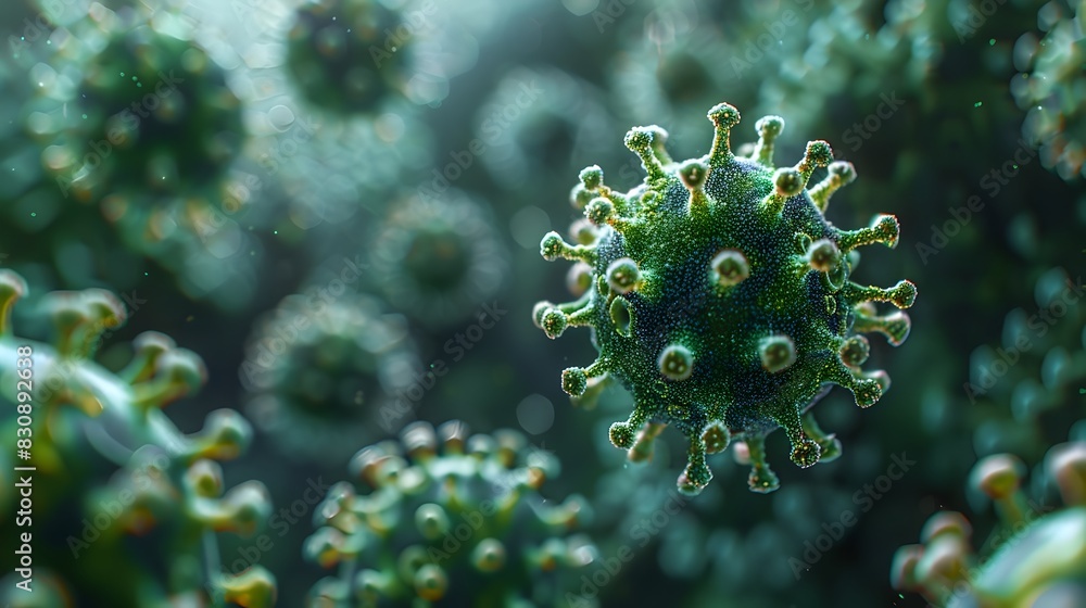 Poster magnified microscopic view of coronavirus or virus particle structure in green tone