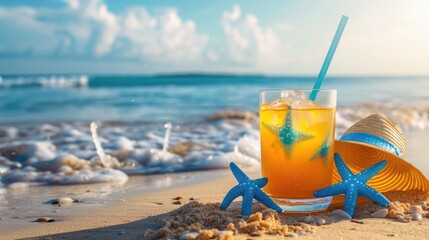 Refreshing Summer Cocktail with Straw Hat and Blue Starfish on the Beach
