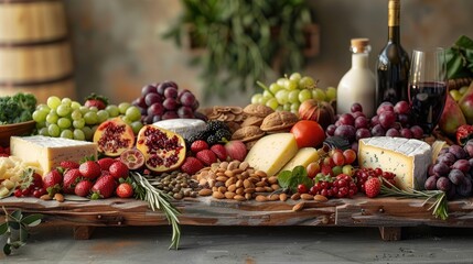 Hyper-realistic digital rendering of a vegetarian charcuterie board, featuring an assortment of cheeses, nuts, and fruits