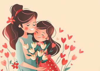 mother and daughter hugging each other with hearts around them