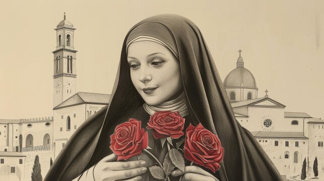 Holding Roses, St. Rita of Cascia in Italian Convent, Biblical Illustration, Beige Background, Copyspace