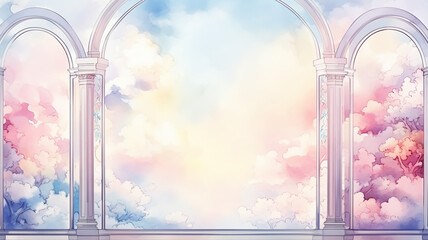 Naklejka premium Watercolor celestial landscape through an arch in pastel colors, background postcard with panoramic view
