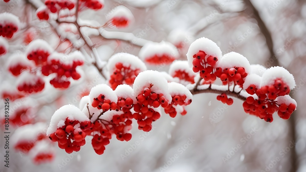 Poster a branch covered in snow that had clusters of rowan berries during the city's winter snowfall. the f