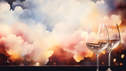 Glasses on a background of soft clouds in watercolor style