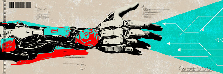 Advanced Robotic Prosthesis. Robotic hand with detailed elements. Advancements in prosthetic technology. Contemporary art collage. Concept of science, innovation, surrealism, modern technologies © master1305
