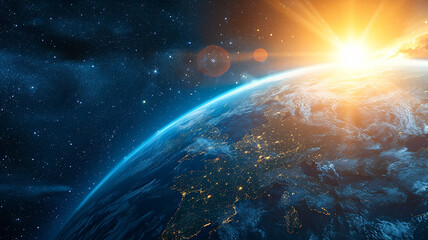 Obraz premium Panoramic view of the planet from space, sunrise against a black starry sky