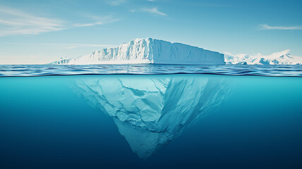 Top and underwater view of a huge beautiful iceberg in blue icy water