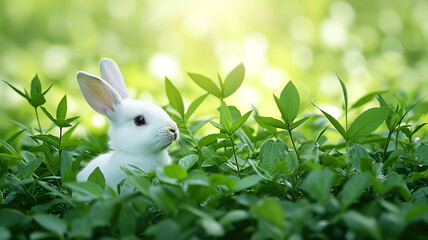Cute white rabbit sitting in the green grass, greeting card background