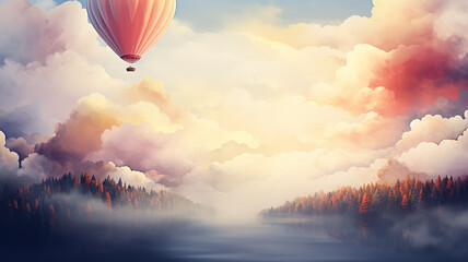 A balloon is flying about the sky among the clouds, a background postcard in watercolor style