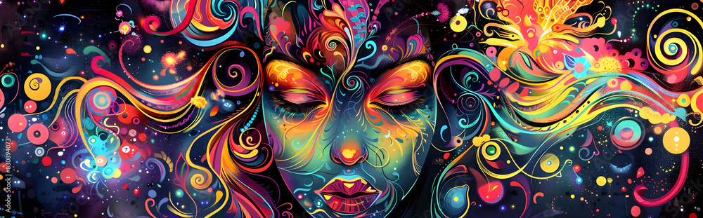 Poster mesmerizing surreal explosion of vibrant cosmic energies in a kaleidoscopic dreamscape of transcende