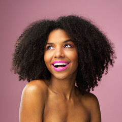 Beauty, smile and thinking with excited black woman in studio on pink background for inspiration....