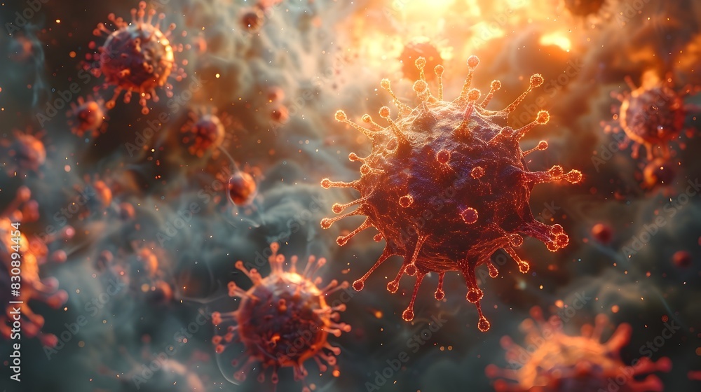 Poster microscopic cellular structures of a dangerous viral pandemic outbreak in a laboratory setting