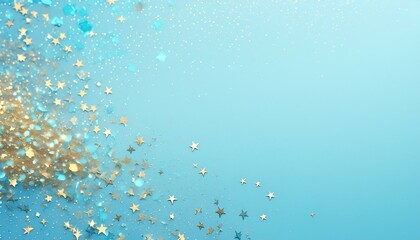  Golden blue sparkles on blue background. Light blue minimalistic festive glamorous background