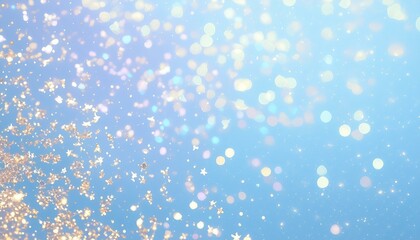  Golden blue sparkles on blue background. Light blue minimalistic festive glamorous background
