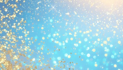  Golden blue sparkles on blue background. Light blue minimalistic festive glamorous background