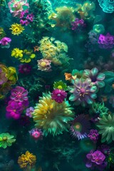 Underwater garden of aquatic plants and flowers, using a variety of greens, teals, and vibrant colors to create a lush, otherworldly scene beneath the water's surface, ai generated