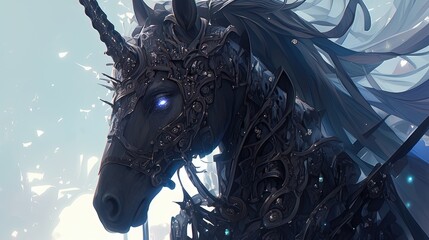 Obraz premium An enchanting depiction capturing the intricate details of a majestic black unicorn up close