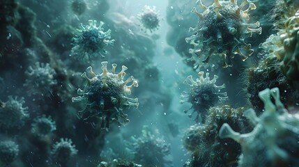 Obraz premium Microscopic Coronavirus Pathogens Infecting Cells in a Biological Epidemic Outbreak