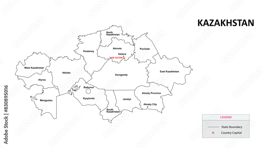 Sticker Kazakhstan Map. State and district map of Kazakhstan. Administrative map of Kazakhstan with states and boundaries in white color.