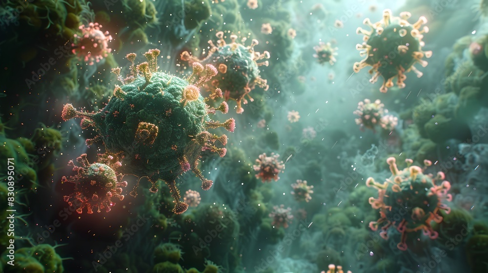 Poster microscopic digital rendering of viral outbreak in natural ecosystem