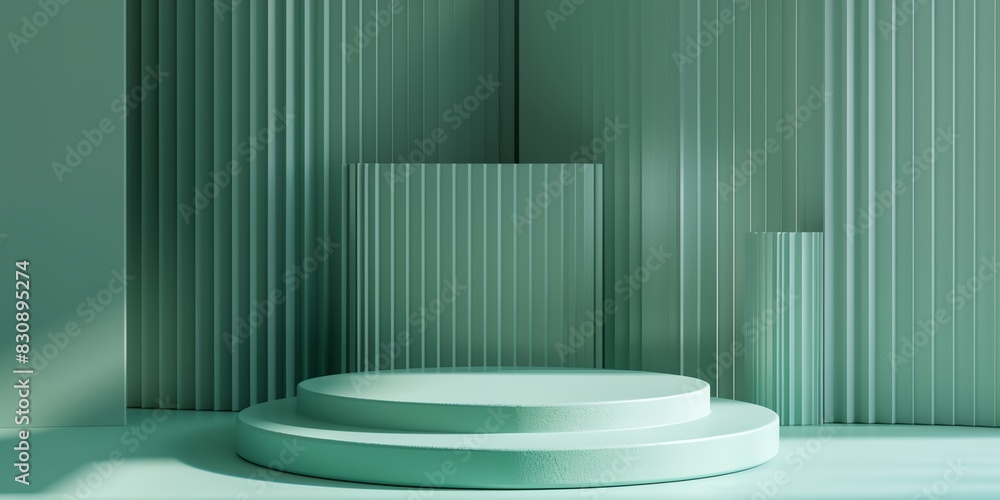 Poster white round object sitting in front of a green wall with vertical stripes